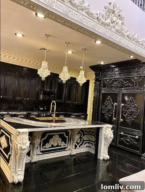 Detailed view of the kitchen, highlighting dark cabinetry and luxurious finishes