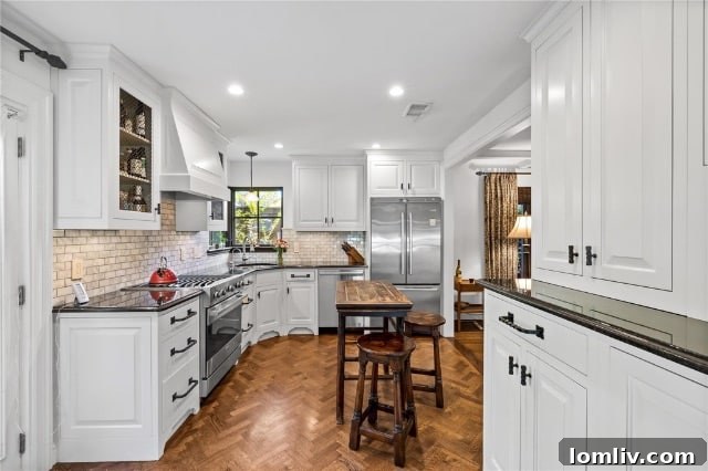 Interior view of a cozy living space featuring herringbone hardwood floors and warm lighting