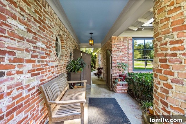 Charming outdoor courtyard with a tiered water fountain and distinctive weeping mortar brickwork