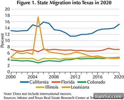 Map showing top contributing states to Texas migration