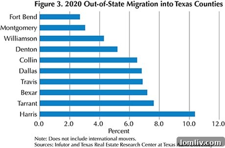 Map showing popular destination counties within Texas for new residents