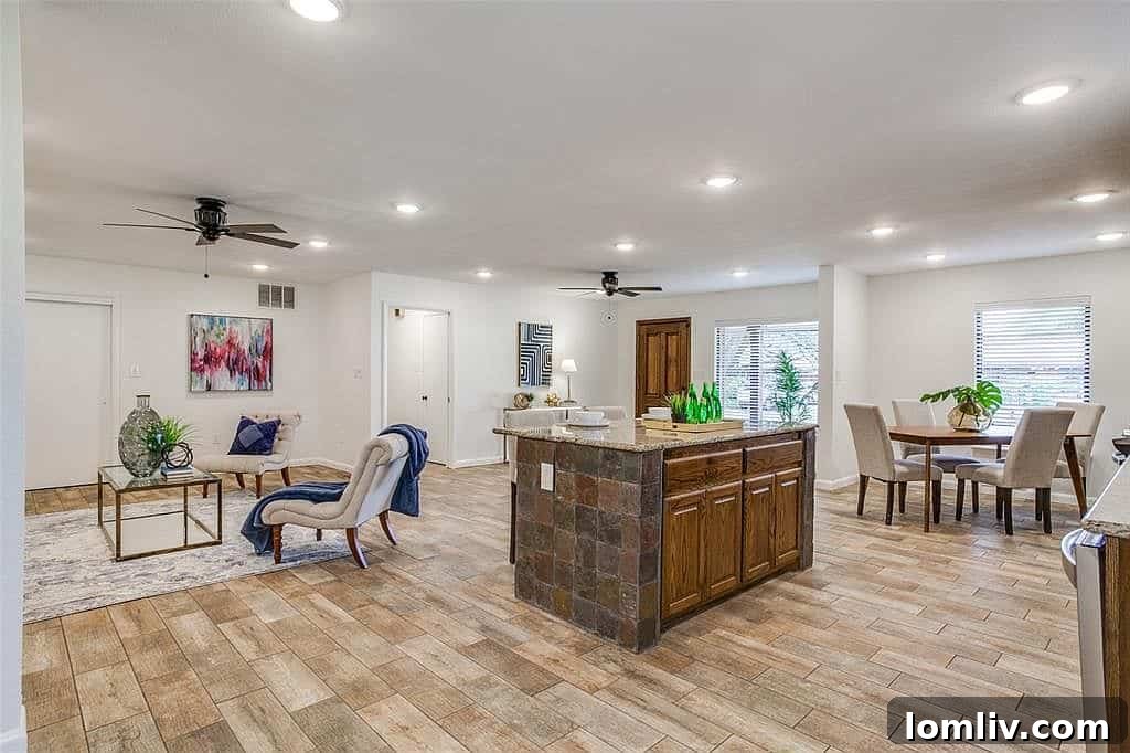 Spacious renovated great room with dining and lounging areas