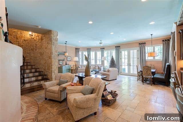 Discover the spacious interior of this 7,648 sq ft East Dallas luxury home, featuring colorful rooms, curved walls, and elegant fireplaces.