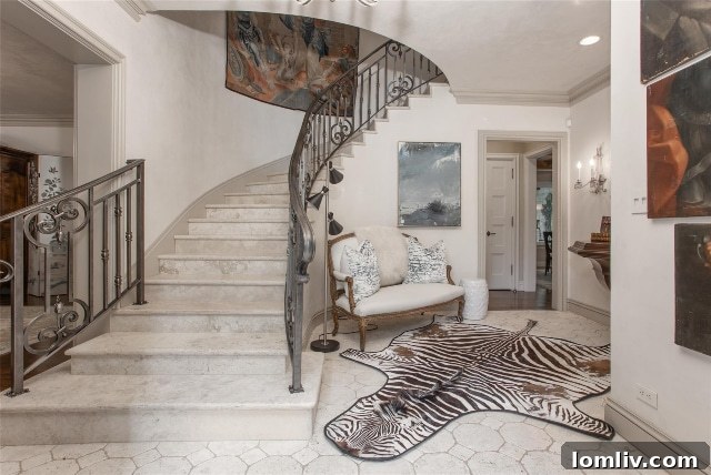Grand Entrance with Stone Flooring and Marble Stairs in Luxury Fort Worth Estate