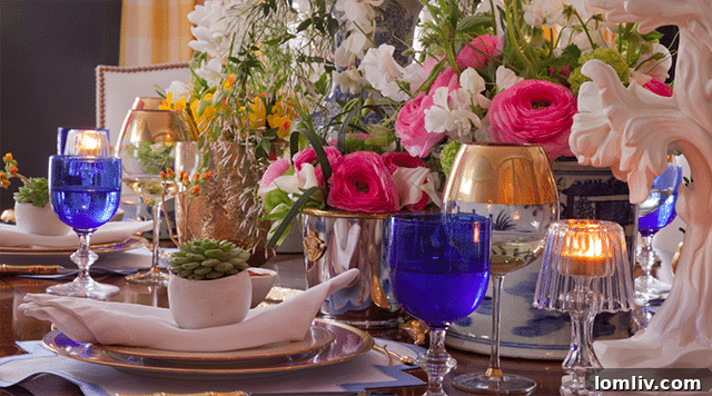 Maximalist festive tablescape with oversized florals and crystal