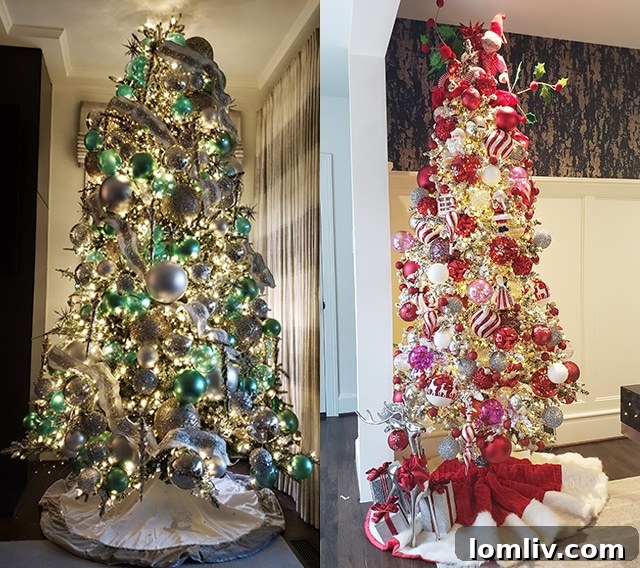 Charles Gregory demonstrating his technique for decorating a Christmas tree, placing large ornaments deep within the branches to create a foundational layer.