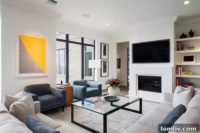 Elegant living room with a striking limestone fireplace and sophisticated decor at Ritz-Carlton Dallas Residences.
