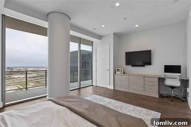 Elegant primary bedroom with custom built-in desk in Windrose Tower