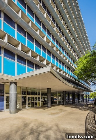 The distinctive architecture of Exchange Park, a mid-century modern treasure
