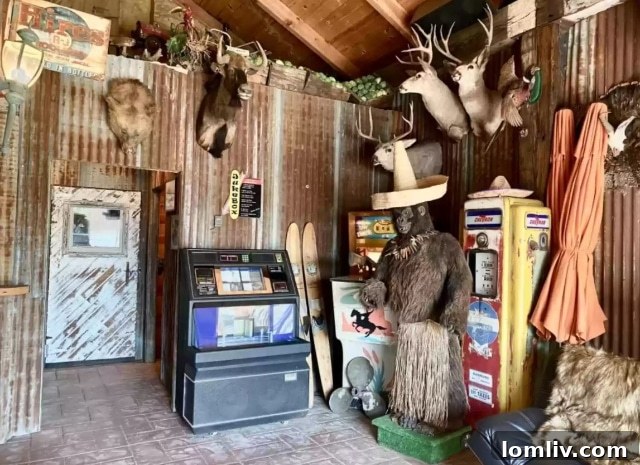 Gorilla statue wearing a hula skirt and sombrero, part of eccentric home decor
