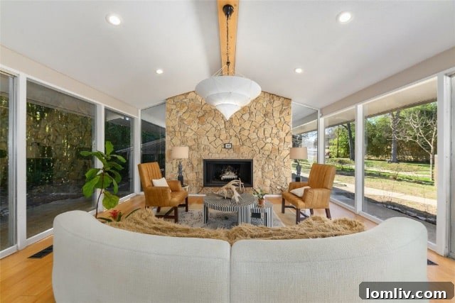 Stylish dining area with natural wood accents