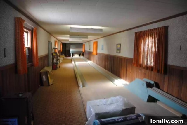 A hallway or transition area within the home, featuring continued retro decor and carpet.