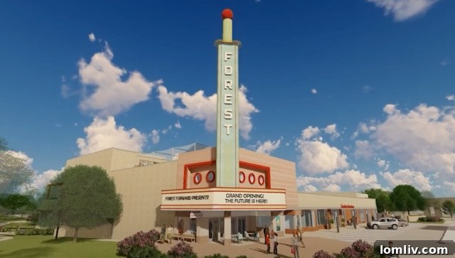 Artistic renderings showcasing the proposed exterior and interior designs of the renovated Forest Theater