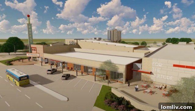 A vibrant artistic rendering of the Forest Theater as a modern community hub