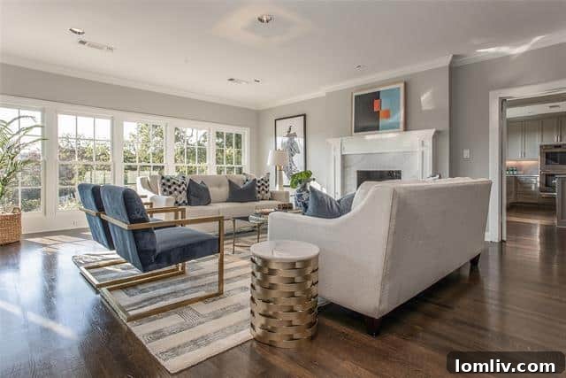 Inviting Living Room with Fireplace and Garden Views