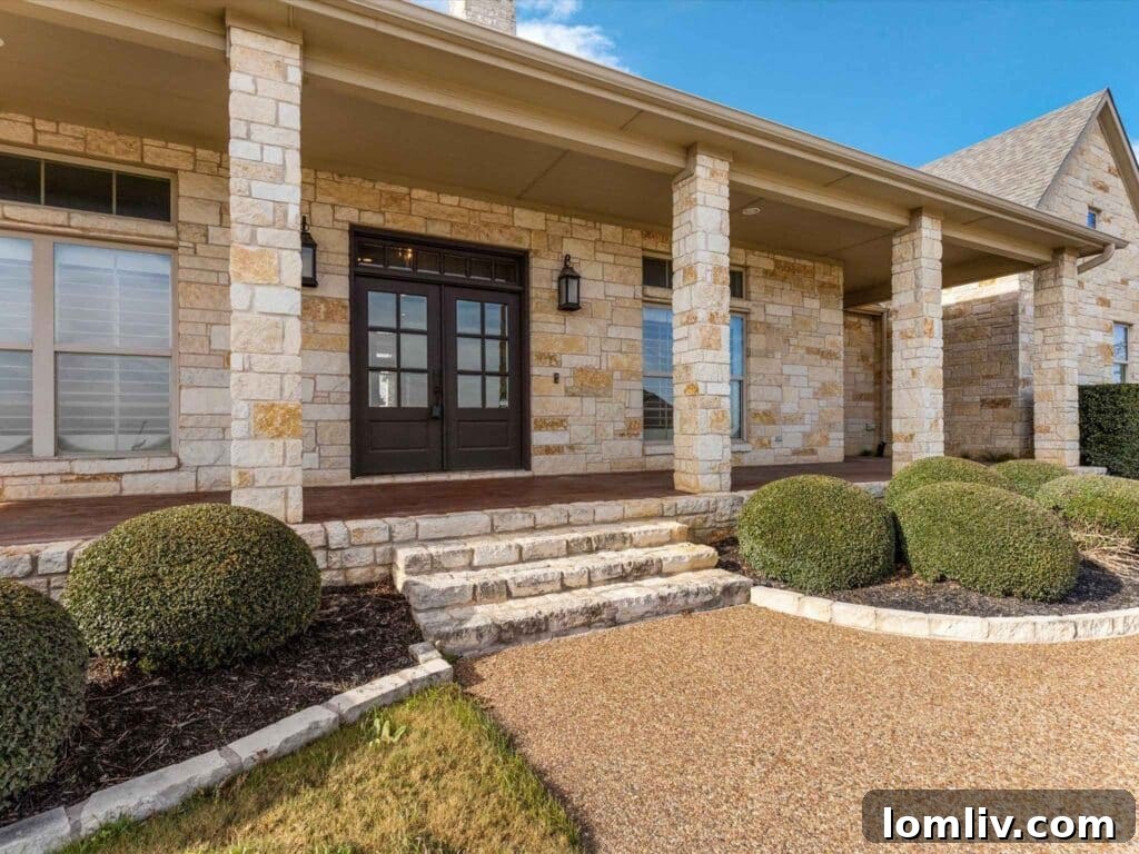 Elegant front entrance of a Bella Flora residence with a long walkway and stone retaining wall