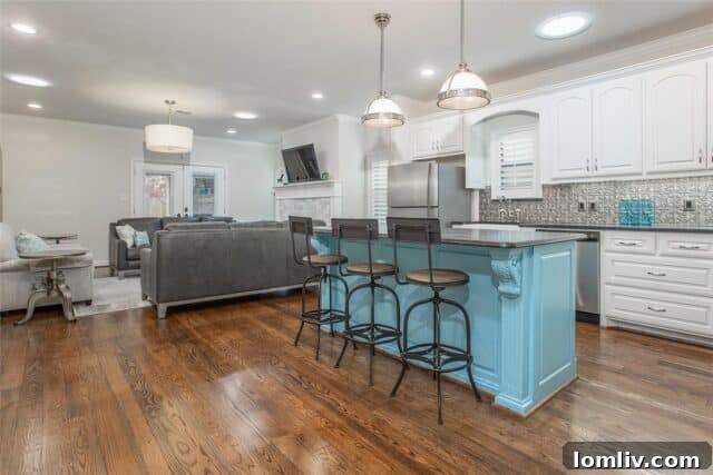 Modern kitchen with farmhouse sink and electric blue island
