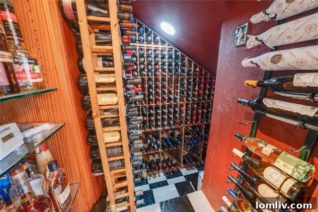 Interior view of the meticulously organized wine cellar, showcasing racks brimming with a diverse and impressive collection.