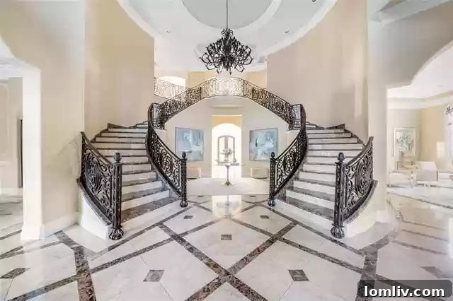 Luxurious marble foyer with dual sweeping staircases and high ceilings