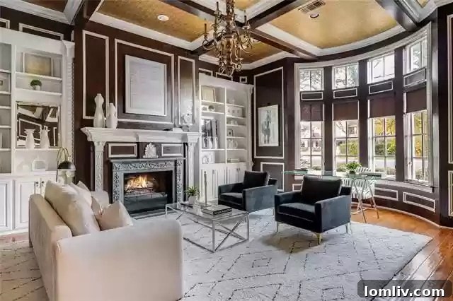 Luxurious home office with gold-leaf ceiling and ornate details
