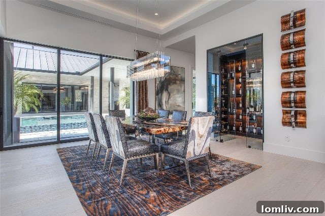 Dining room with a retractable glass wall leading to a pool