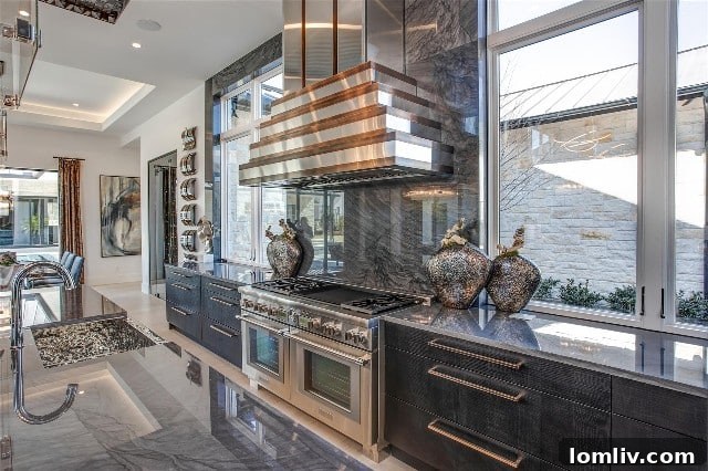 Kitchen with unique vent hood and windows instead of upper cabinets