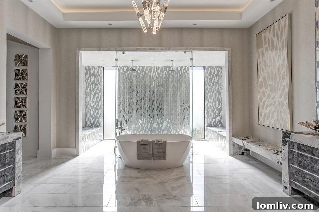 Luxurious pass-through shower with marble and glass
