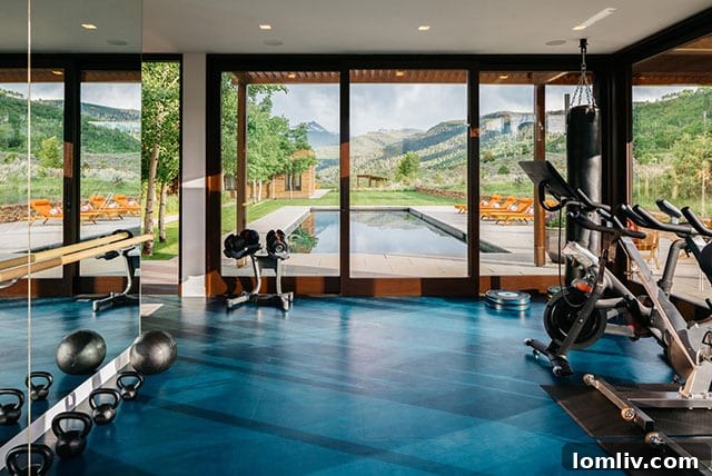 Glass-encased cabana gym with pool and landscape views in Edwards, Colorado