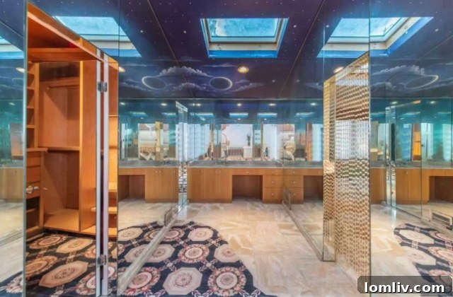 Modern bathroom with unique lighting and reflective surfaces creating a 'funhouse' effect.