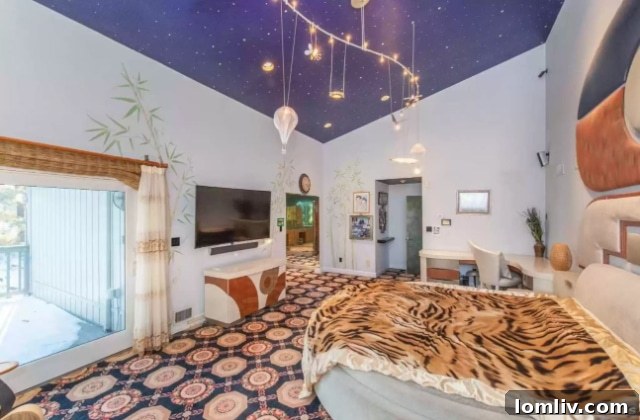Cozy bedroom featuring a vibrant tiger print bedspread and whimsical twinkle lights.