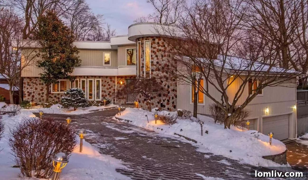 Another view of the uniquely patterned exterior and entrance of the Montville home.
