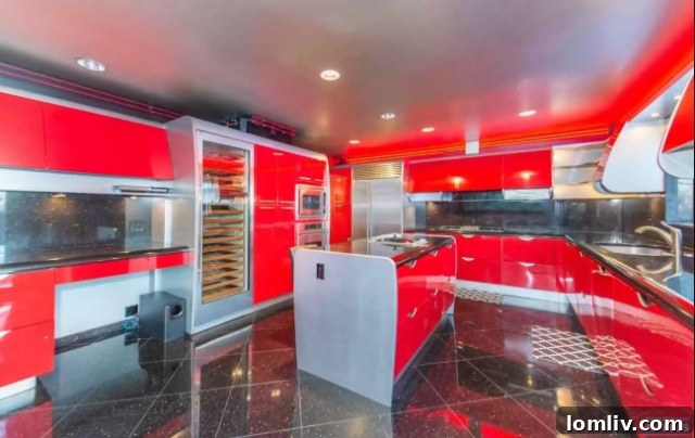 Bold, striking red kitchen interior with modern appliances.