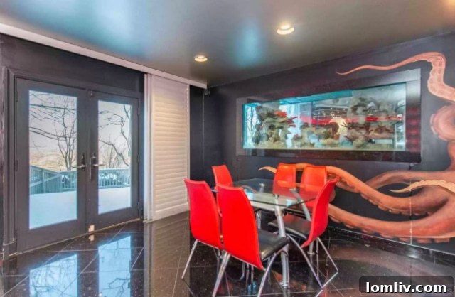 Indoor aquarium with an artistic octopus mural on the surrounding wall.
