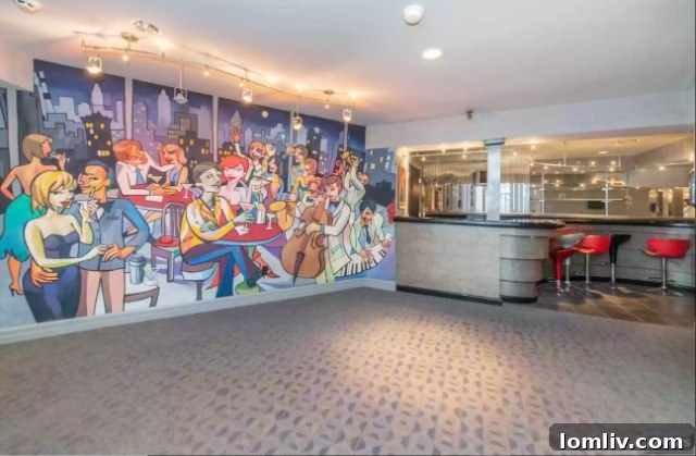 Vibrant and intricate mural depicting a lively gathering of people and possibly animals.