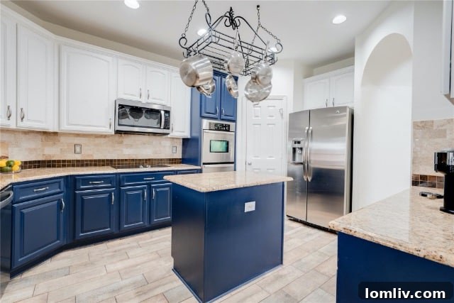 Bright and modern kitchen featuring an island, wooden tile flooring, and ample counter space