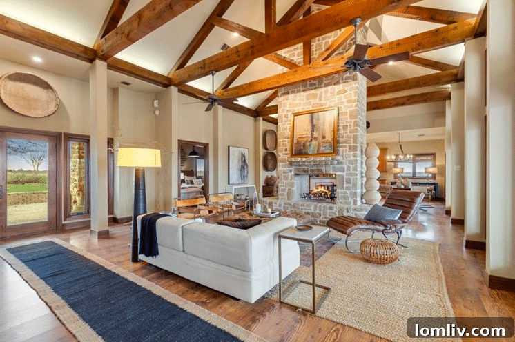 Grand Living Room with Cathedral Ceilings and Stone Fireplace