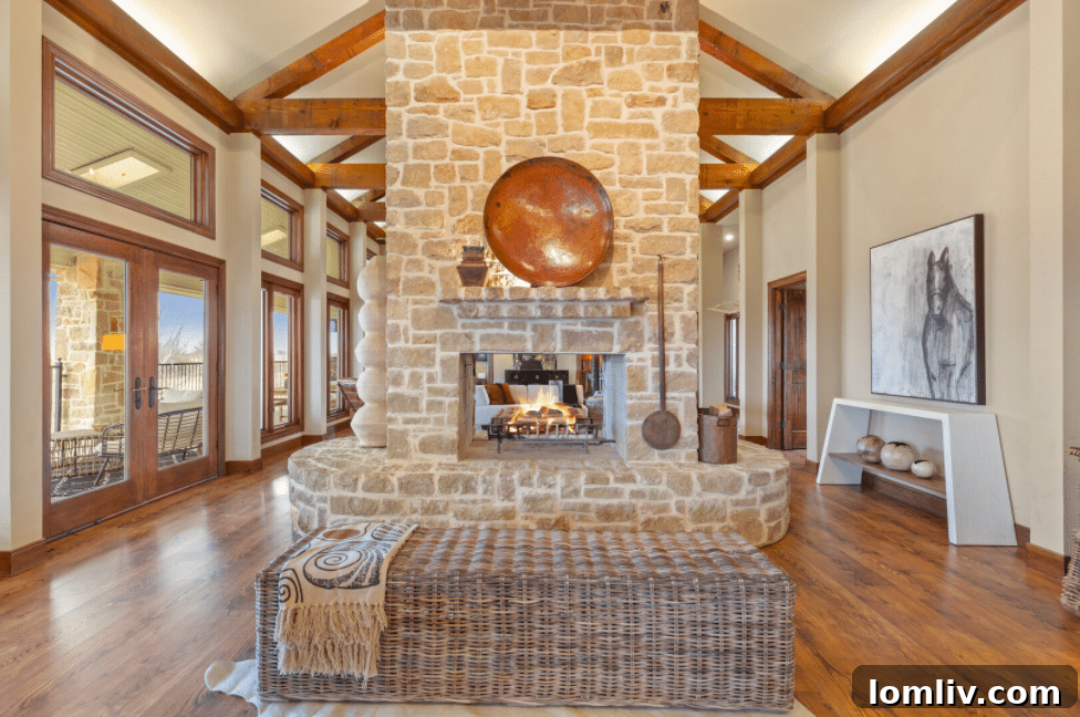 Cozy Seating Area by Double-Sided Flagstone Fireplace