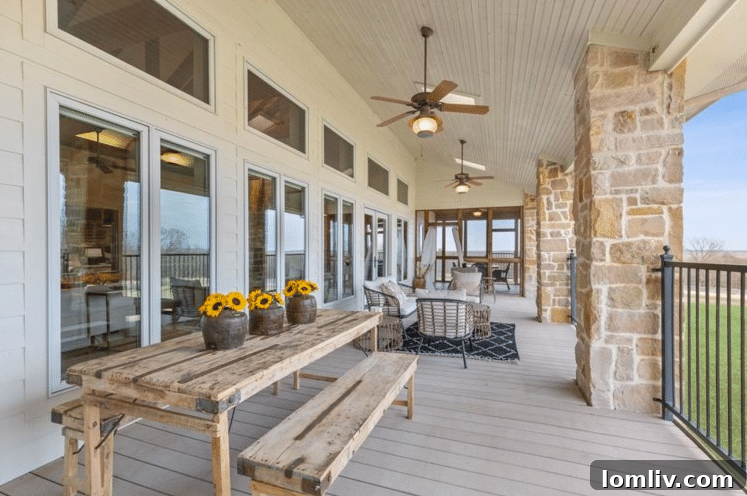Covered Back Porch Overlooking Expansive Pecan Grove
