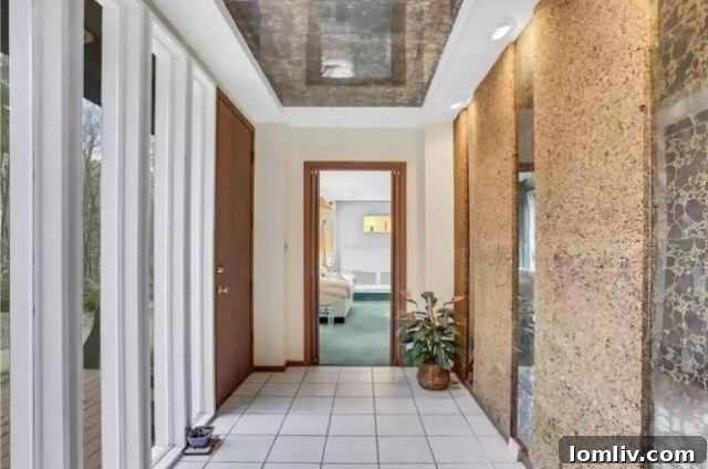 Elegant Foyer with Reflective Surfaces and Cork Panels