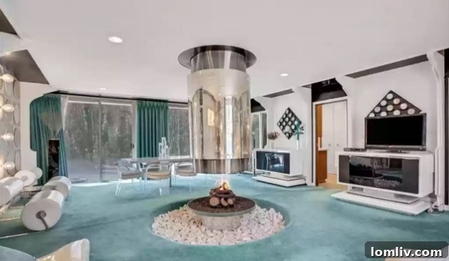 Reflective Living Room with Mirrored Fireplace and Built-in Seating