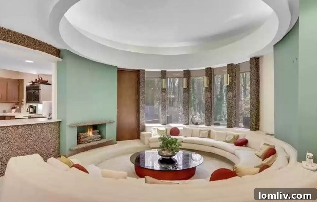 Sunken Living Room with Circular Sofa and Fireplace