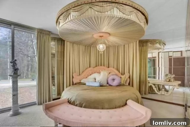 Bedroom with Circular Canopy Bed and Mirrored Wall