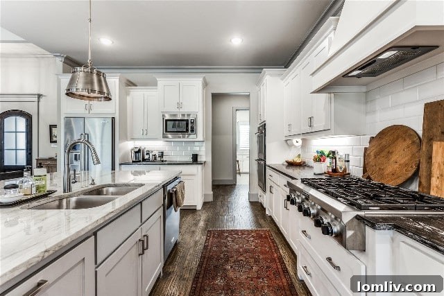 Spacious kitchen with large quartz island and modern appliances.