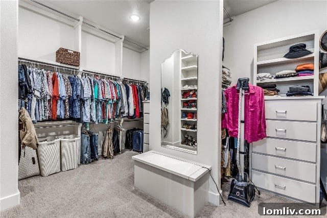 Walk-in primary closet with custom shelving and storage solutions.