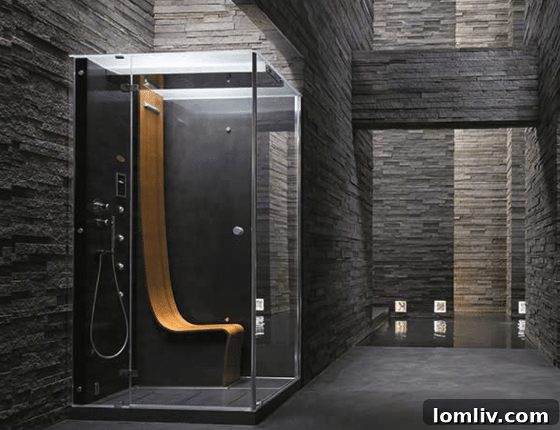 Raindrop Refresh: Elevating Your Home with Spring Style 3 Omega Jacuzzi Steam Shower Cabin by Pininfarina, a luxury shower with hydro-massage jets and a curved wooden seat.