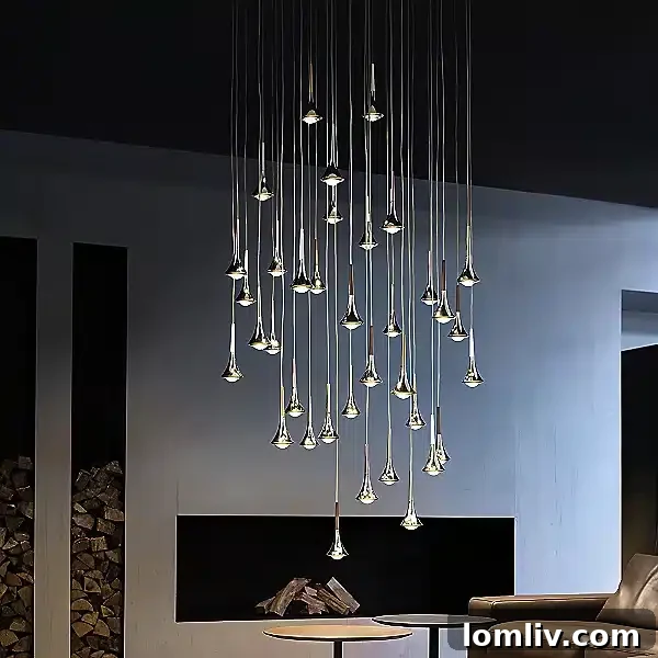 Raindrop Refresh: Elevating Your Home with Spring Style 7 LODES Rain Multi-Light Pendant, featuring LED lights through glass diffusers for a falling raindrop effect.