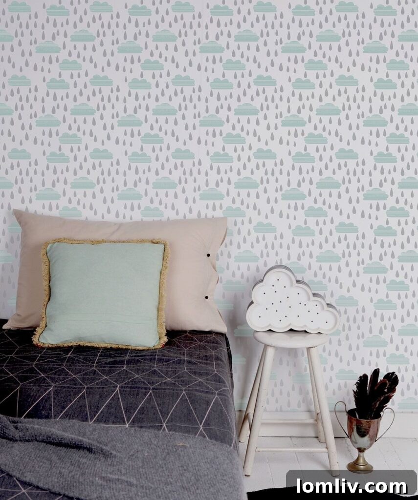 Raindrop Refresh: Elevating Your Home with Spring Style 8 Rainy Days Wallpaper from Australian design studio Love Mae, featuring a whimsical rain-themed pattern.