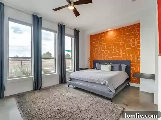Elegant primary bedroom with built-in nightstands and unique wall art
