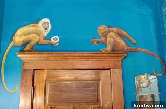 Detailed close-up of a bathroom mural featuring two mischievous monkeys with toilet paper and a flask