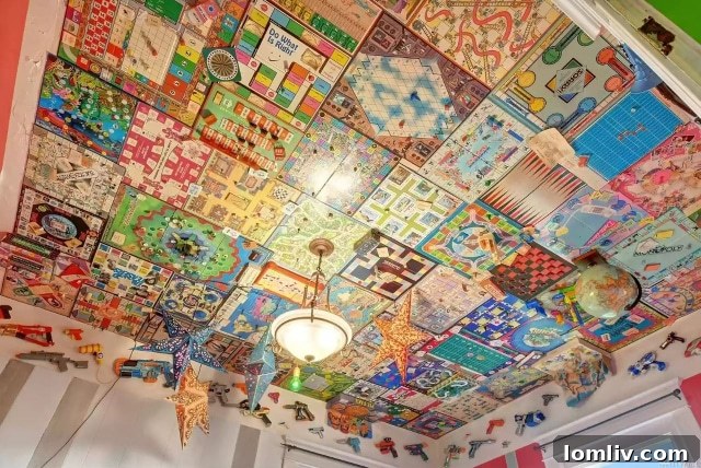 Board games creatively glued to the ceiling as a unique storage and display solution